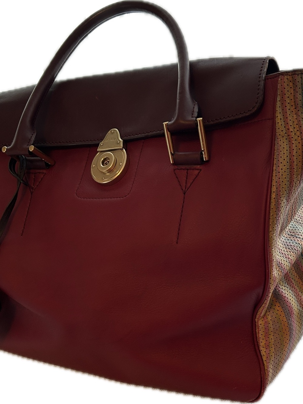 Paul Smith Signature Striped and Burgundy Leather Bag with Gold Clasp